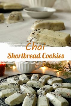 shortbread cookies on a plate with christmas decorations in the background and text overlay that reads chai shortbread cookies