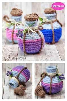 the crocheted jar is sitting on the table