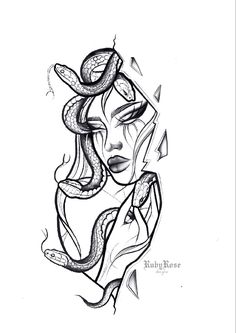 a black and white drawing of a woman's face with snakes on her head