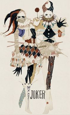 an illustration of two people dressed up as clowns and cats, with the words joker written below them