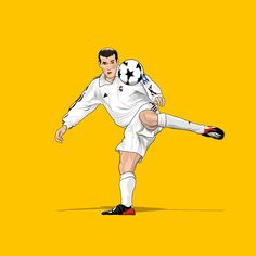 a man kicking a soccer ball on top of a yellow background with an orange back ground