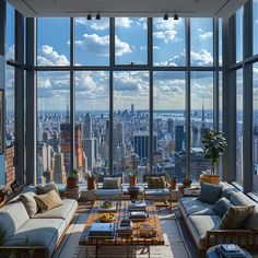 a living room filled with lots of furniture and large windows overlooking the cityscape