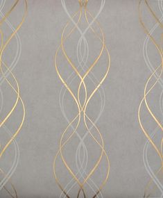 the wallpaper is grey and gold with silver swirls on it's sides