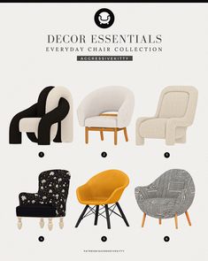 various types of chairs and footstools with the words decor essentials every chair collection