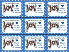 blue and white candy bar wrappers with the word joy on them in chocolate hearts