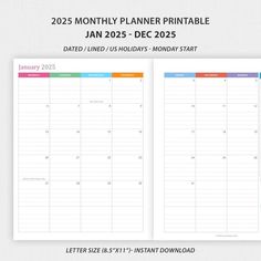 the free printable planner is shown in this page, which includes two pages for each month