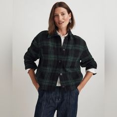 Nwt Madewell Flannel Boxy Shirt-Jacket In Plaid Size Xl Shacket Color: Smoky Spruce Crafted Of A Textural, Heavyweight Flannel, This Boxy Shirt-Jacket Is Designed With A Point Collar, Button-Flap Patch Pockets And Buttons Down The Front. Coming In A Festive Plaid, It's The Perfect Touch Of Versatile Pattern To Rock All Season Long. Regular Fit. Hip Length: Designed To Hit At High Hip Or Below; Tuckable. Body Length From High Point Of Shoulder: Approximately 24" 67% Cotton/32% Polyester/1% Other Fibers. Dry Clean. Imported. Shirt Jacket Womens, Green Plaid Shirt, Madewell Jacket, Madewell Shirts, Boxy Shirt, Oversized Jean Jacket, Tweed Fabric, New Green, Madewell Denim