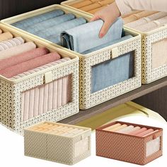 the drawers are filled with folded towels and other items for use in storage or as an organizer