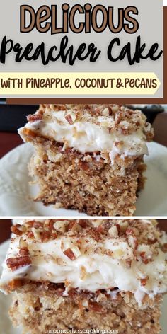 two pictures of a piece of cake with pineapple, coconut and pecans