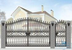 a drawing of a house with an iron gate and brick fence surrounding the front yard