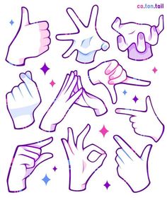 several different hand gestures with stars around them