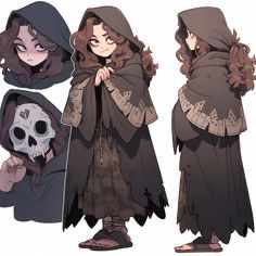 three different poses of a woman with a skull in her hand and wearing a hooded jacket