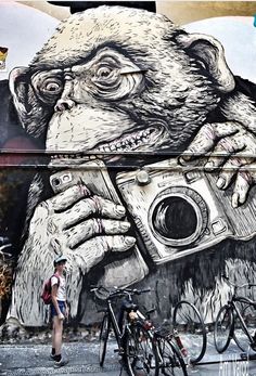 a monkey holding a camera in front of a mural