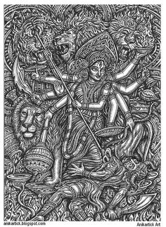 an intricate drawing of two people and a lion