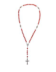 This olive wood rosary with a metal Jerusalem cross is handmade in the Galilee and is a piece that holds much sentimental value. It can be worn for its beautiful, elegant look and for religious purposes. This specific piece embodies the word Rose in Rosary. The rose-red tone symbolizes love, beauty, and virtue. With four rose pendants perfectly placed around the necklace the signature look of this piece is born. Along the visual features signifying the rose flower, a sweet rose scent emanates from the round olive beads. Collecting prayers is like growing a garden or arranging a bouquet and this rosary is a pleasant tool and reminder of that. Our artists hand-carve our products from blocks of fragrant wood, and their fragrance and appearance guarantee a spiritual and visually perceptible ex Red Rosary Necklace, Wooden Beads Rosary With Crucifix As Gift, Gift Rosary With Wooden Beads And Crucifix, Red Rosary, Rose Rot, Rose Scent, Crucifix Necklace, Red Tone, Praying The Rosary