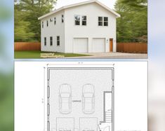 two car garage plans are shown in the same image and on the same page, there is an open floor plan