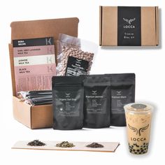 an assortment of teas, coffee bags and other items