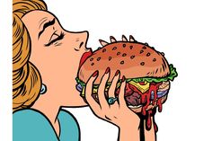 a woman eating a giant hamburger with dripping ketchup