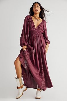 The definition of ethereal and effortless, this piece-lace maxi dress is featured in a V-neck silhouette with smocking at center and exaggerated sleeves for added shape.* Side pockets* Adjustable waist at back* Puff long sleeves Free People Lace Dress, Free People Maxi, Exaggerated Sleeves, Free People Maxi Dress, Puff Long Sleeves, Maxi Slip Dress, Lace Maxi, Long Puff Sleeves, Long Sleeve Maxi