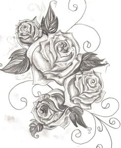 three roses with leaves and swirls tattoo design