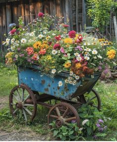 a blue wagon filled with lots of flowers