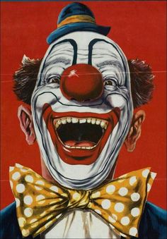 a painting of a clown wearing a yellow bow tie and smiling at the camera with his mouth open