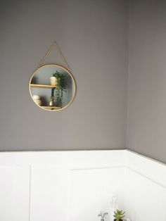 a white sink sitting under a mirror next to a wall mounted potted plant in a bathroom