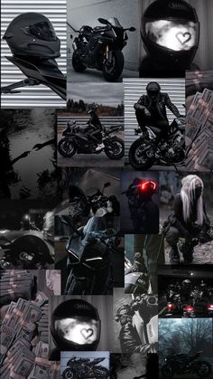 a collage of photos with motorcycles and people in the middle one has red lights