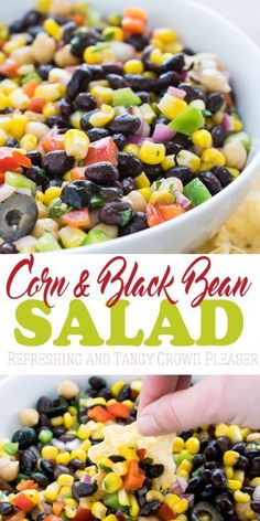 corn and black bean salad in a white bowl with the title text overlay reads corn and black bean salad refreshing and tangy crowd pleaser