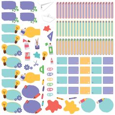 an assortment of stickers and shapes for children's art work, including pencils