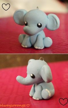 two pictures of a small blue toy elephant sitting on a red tablecloth with hearts in the background