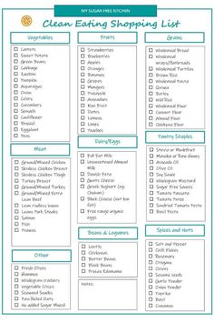 the clean eating shopping list is shown in this printable checklist for grocery items