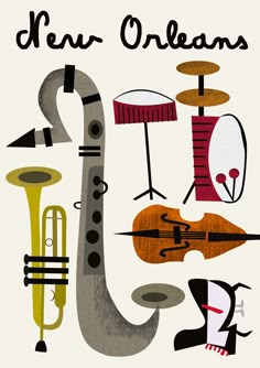 a poster with musical instruments on it that says new orleans in black and white letters