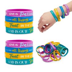 Spruce up your Sunday school prizes or birthday party decor with these colored christian bracelets. Each rubber wristband features a Bible verse and comes in 4 colors including purple, green, blue, and ginger. Kids and adults of all ages will light up with joy when they open up their goodie bag and find these cool rubber wristbands. The religious silicone bracelet set includes 24 wristbands to ensure you have enough to hand out! Silicone Bracelets Ideas, Hospital Gown Pattern, Christian Branding, Rubber Wristbands, Ginger Kids, Bracelets Kids, Wristband Design, Christian Bracelets, Band Ideas