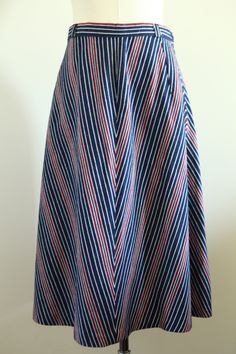 "A vintage chevron stripe skirt in blue red and white. A line style with belt loops. Sized about a size US 6. Made in Denmark. Fabric feels like light canvas. Waist 14\" across, length 27\", widest hip 23\". Excellent vintage condition." Red Blue White, Lighted Canvas, Chevron Stripe, Line Skirt, Stripe Skirt, Red White Blue, A Line Skirt, A Line Skirts, Red Blue