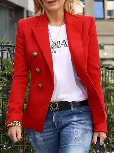 stylewe | stylewe Red Orange Blazer Outfit, Red Blazer Black Pants Outfit, Red Plaid Blazer Outfit, Womens Outfits 2024, Jeans With Blazer Outfit, Casual Jeans Outfit For Work, Red Blazer Outfit For Work, Red Blazer Outfit Casual, Red Jacket Outfit