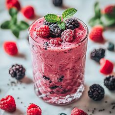 a smoothie in a glass with berries and mint