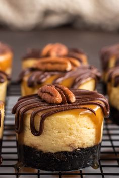 several desserts are sitting on a cooling rack with chocolate drizzle and nuts