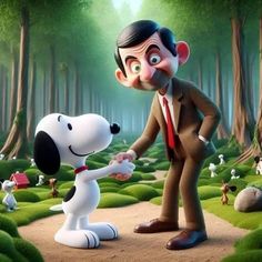 a cartoon dog shaking hands with a man in the middle of a forest filled with grass