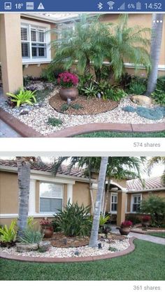 the before and after pictures of landscaping in front of a house, with palm trees