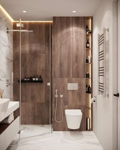 a modern bathroom with wood paneling and white fixtures, along with a walk in shower