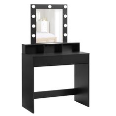 a black vanity table with a mirror and lights on the top, in front of a white background