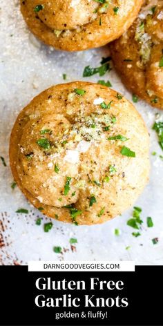 three gluten free garlic knots on top of parchment paper with text overlay