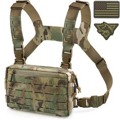 the chest pack has multiple compartments and straps to carry items such as an american flag