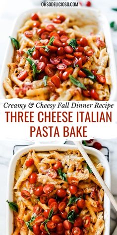 three cheese italian pasta with tomatoes and basil