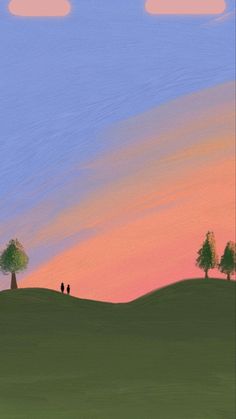 a painting of two people standing on top of a hill under a pink and blue sky