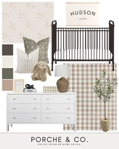 a baby's room is shown with neutrals and browns, including a crib