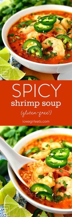 two bowls of spicy shrimp soup with green peppers and limes on the side, one in