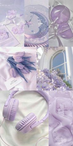 the collage shows purple flowers and headphones in various stages of being used to create an image