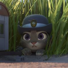 a cat with a police hat peeking out from behind some tall grass